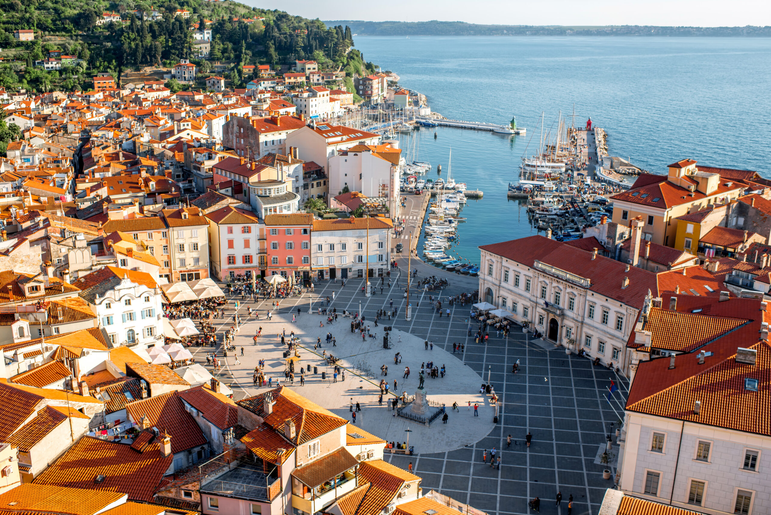 Beautiful aerial view on town with main square, ancient buildings with red roofs and Adriatic sea