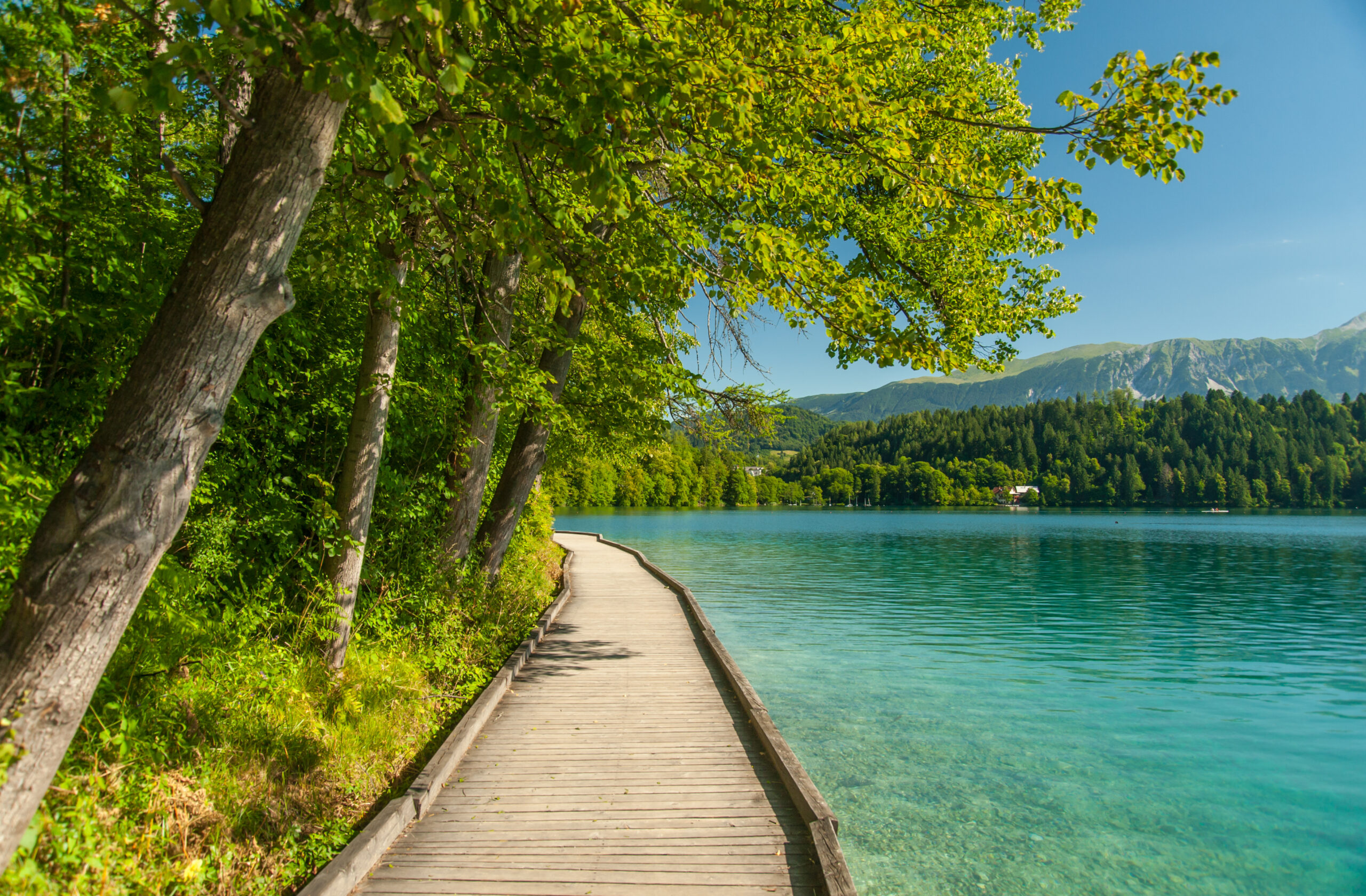 Lake with wooden boardwalk with turquoise water.